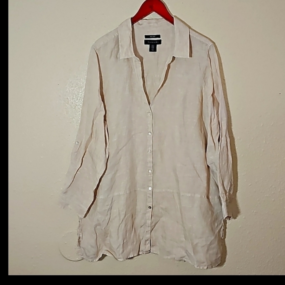 Tahari Tan 100% Linen Tunic Top - Picture 7 of 7